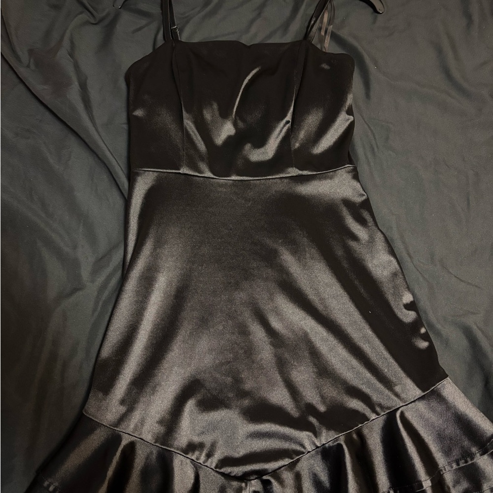 Girls Elegant Black Satin Mini Dress with Ruffled Hem